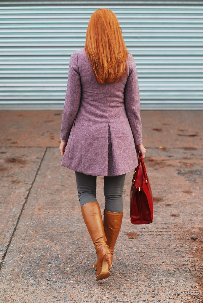 Autumn/Winter style: Peter Pan collar lavender coat, tan boots, red bag