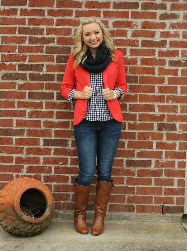 navy and coral outfit