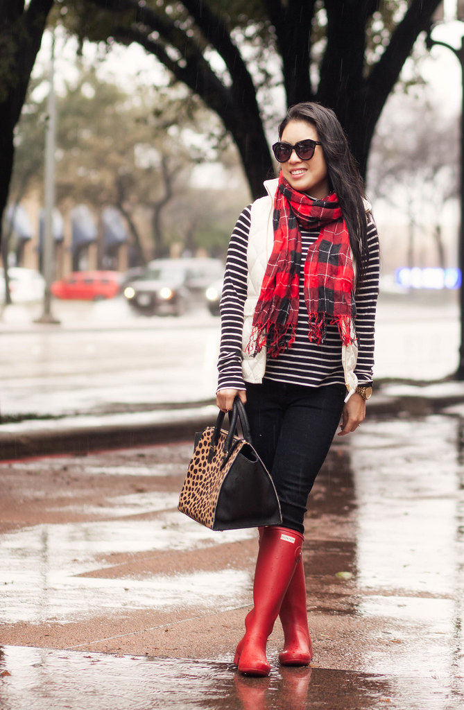 cute & little blog | petite fashion | black white striped turtleneck, white puffer quilted excursion vest, black jeans, red plaid scarf, red hunter boots, clare v sandrine satchel outfit