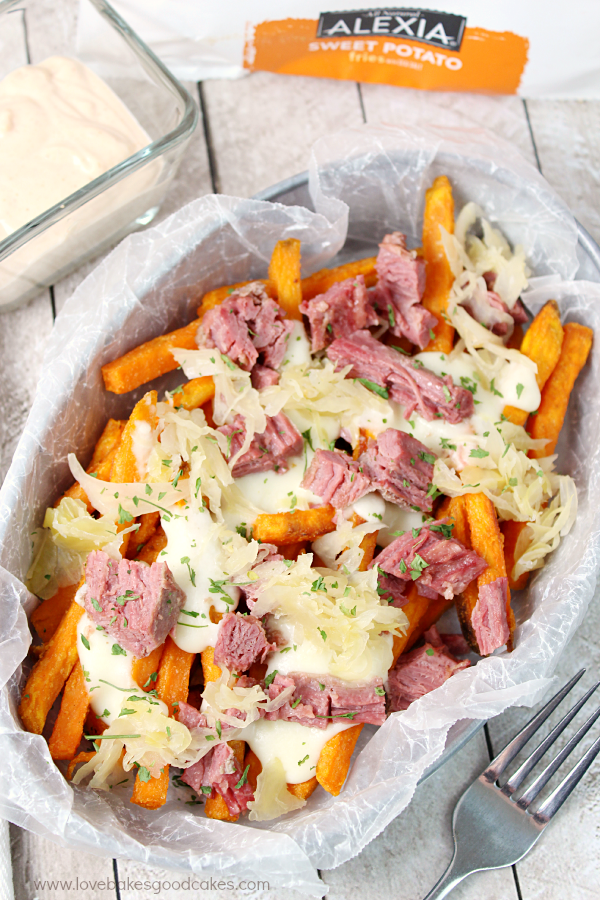Reuben Fry Basket in a bowl with a fork.