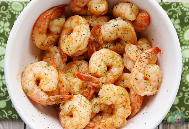 Quick and Easy Cajun Shrimp in a white bowl close up.