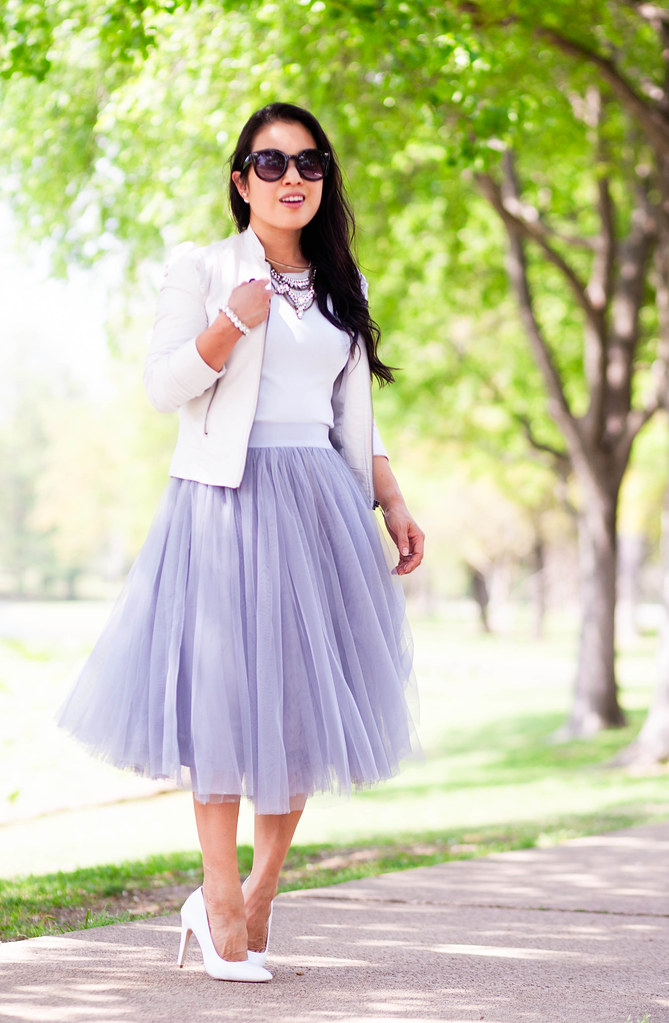 cute & little blog | petite fashion | grey tulle midi skirt, white pumps, white moto jacket, baublebar crystal grendel bib statement necklace | spring outfit | bridal shower | easter