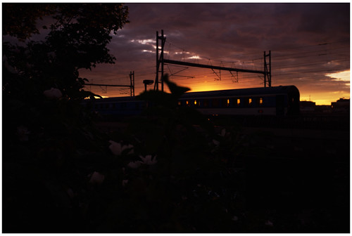 flowers blue sunset red sun clouds digital train dark twilight fuji prague image magenta foreground passingby