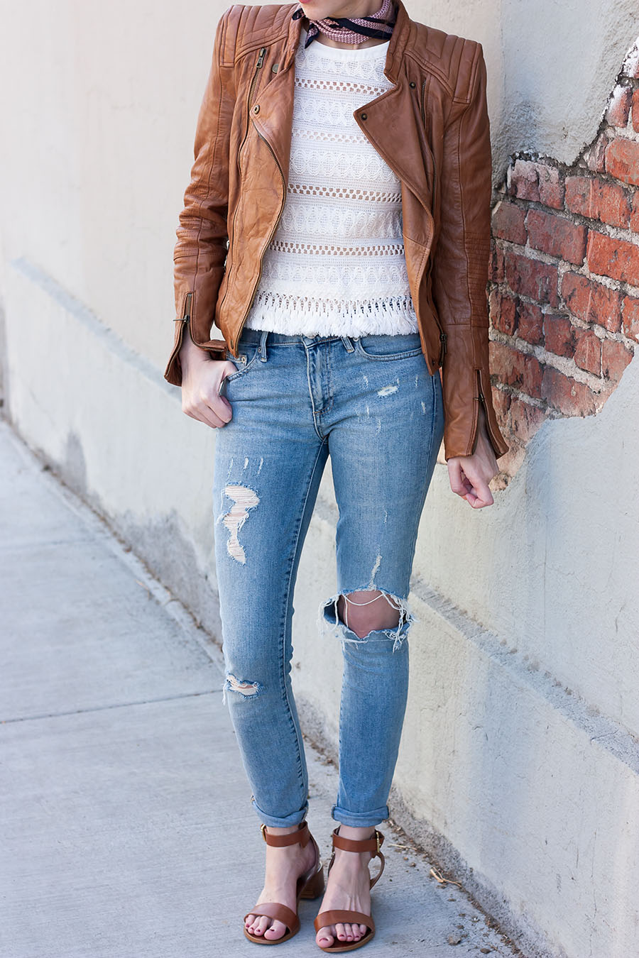 How to Style a Leather Jacket, Fringe Crochet Top, Gap Jeans, ShoeMint Sandals