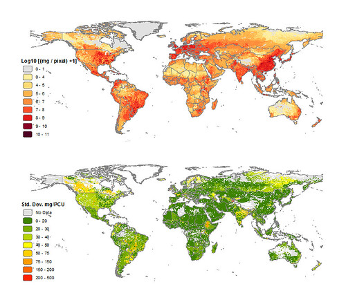 Global antimicrobial consumption in livestock in milligrams per 10 km2 pixels (top) and average SD of estimates of milligrams per PCU (bottom)