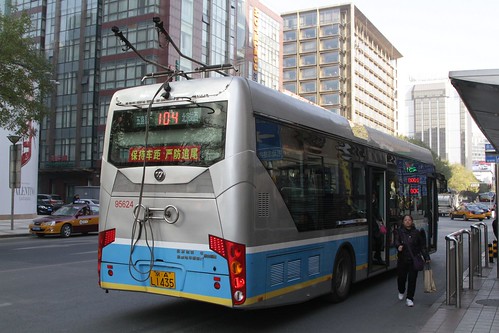 Trolleybus running on battery power through the Wangfujing district of central Beijing