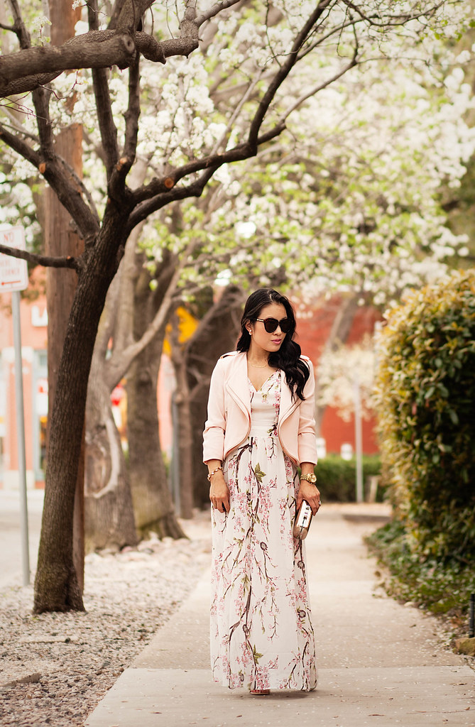 cute & little blog | petite fashion | forever pink blush tiered zipper crop jacket, sheinside floral spaghetti strap backless maxi, rocksbox gorjana taner necklace, gold clutch | spring outfit