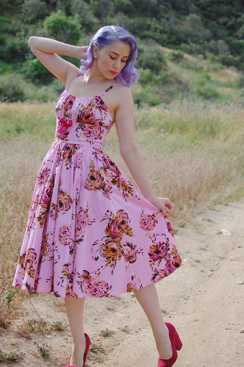 Pinup Girl Clothing Ella dress in pink and baton rouge floral print
