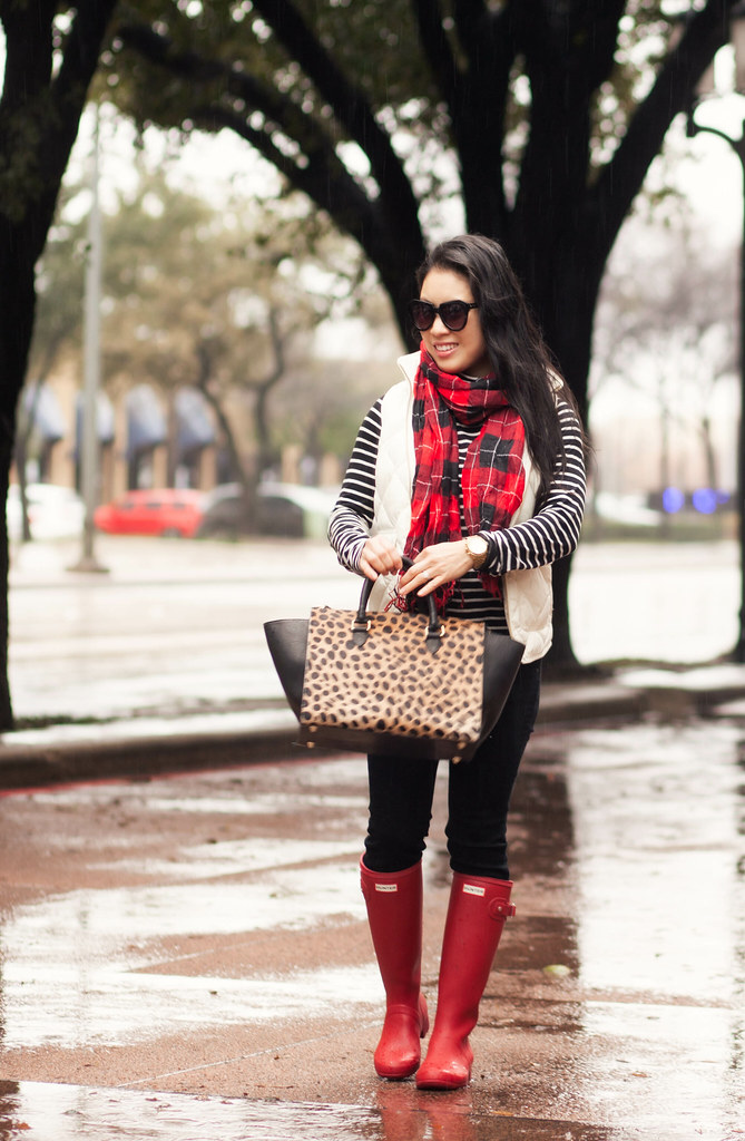 cute & little blog | petite fashion | black white striped turtleneck, white puffer quilted excursion vest, black jeans, red plaid scarf, red hunter boots, clare v sandrine satchel outfit