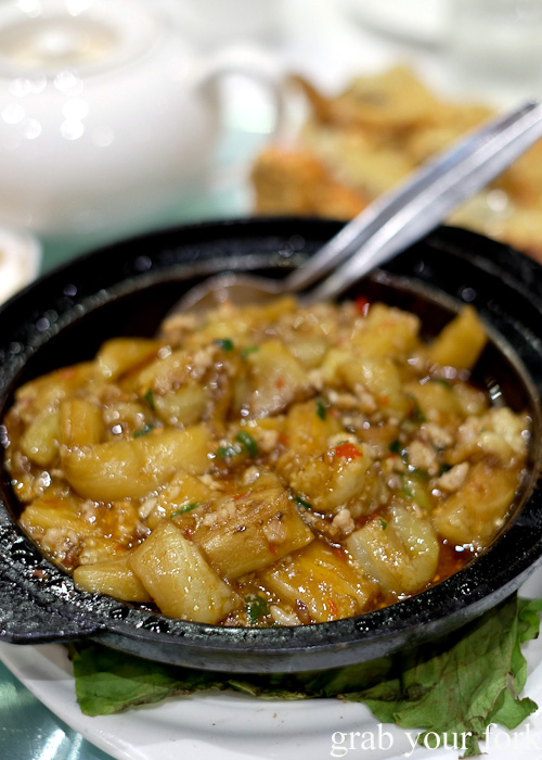 Spicy eggplants with minced pork in clay pot at Golden Palace Seafood Restaurant, Cabramatta