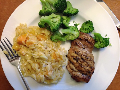 grilled chicken thighs, butternut squash orzo, broccoli