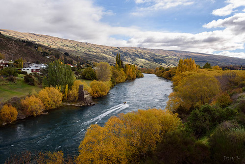 autumn trees newzealand sky water clouds buildings river landscape hills southisland centralotago jetboat rune roxburgh cluthariver tripdownsouth teviotvalley