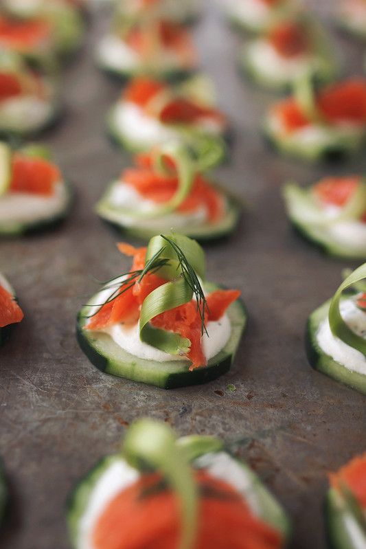 Smoked Salmon Cucumber Bites with Asparagus Ribbons and Dill Cashew Sour Cream