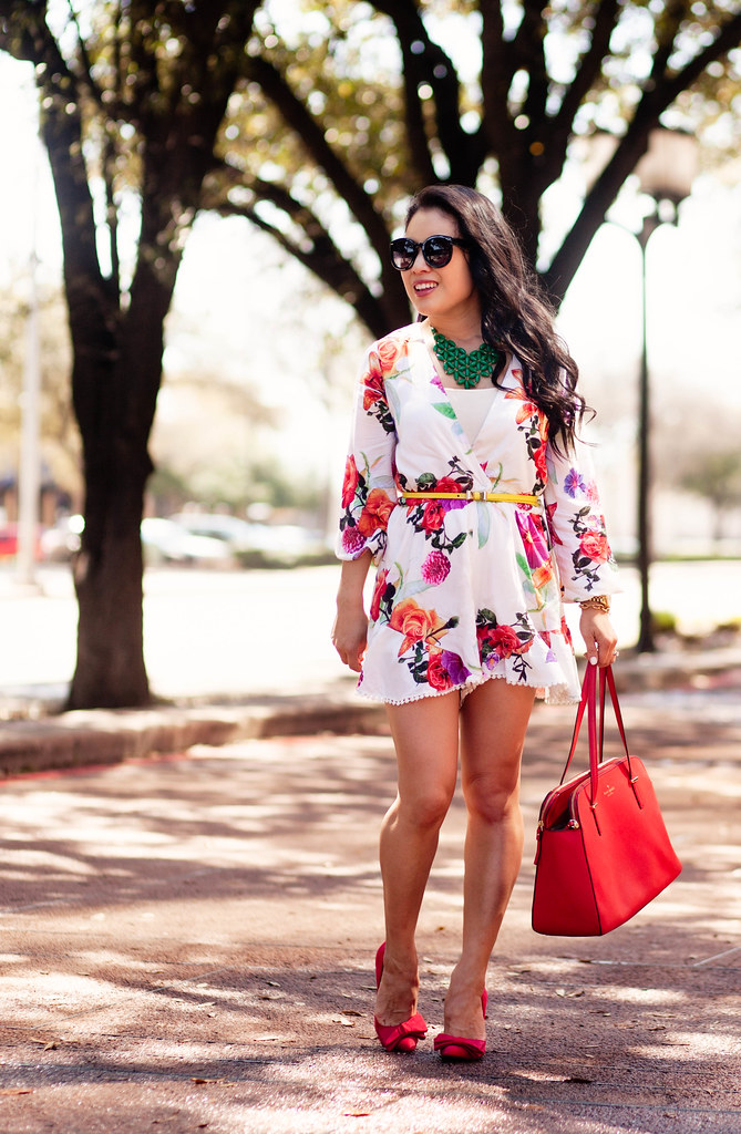 cute & little blog | petite fashion | choies floral romper, green statement necklace, yellow bow belt, red bow pumps, kate spade red bag | spring outfit
