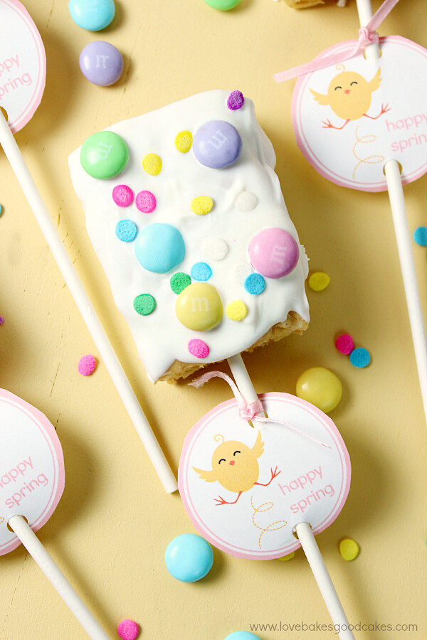 Spring Rice Krispies Treats Pops with M&M's.