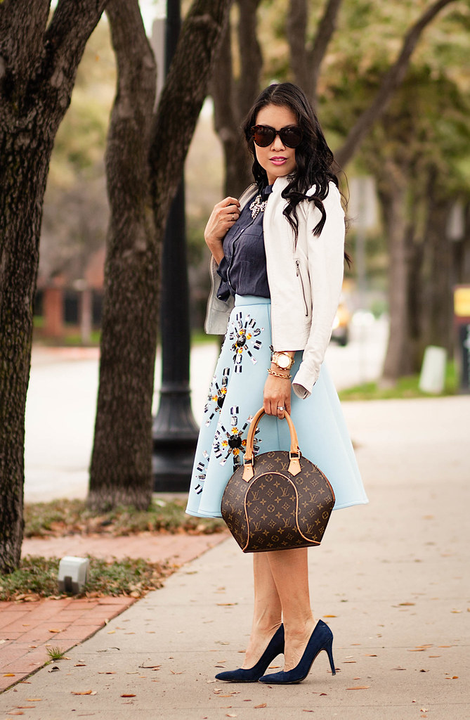 cute & little blog | petite fashion | white leather jacket, loft navy button blouse, sheinside beaded embellished jewel baby blue midi skirt, crystal statement necklace, louis vuitton ellipse pm | spring outfit