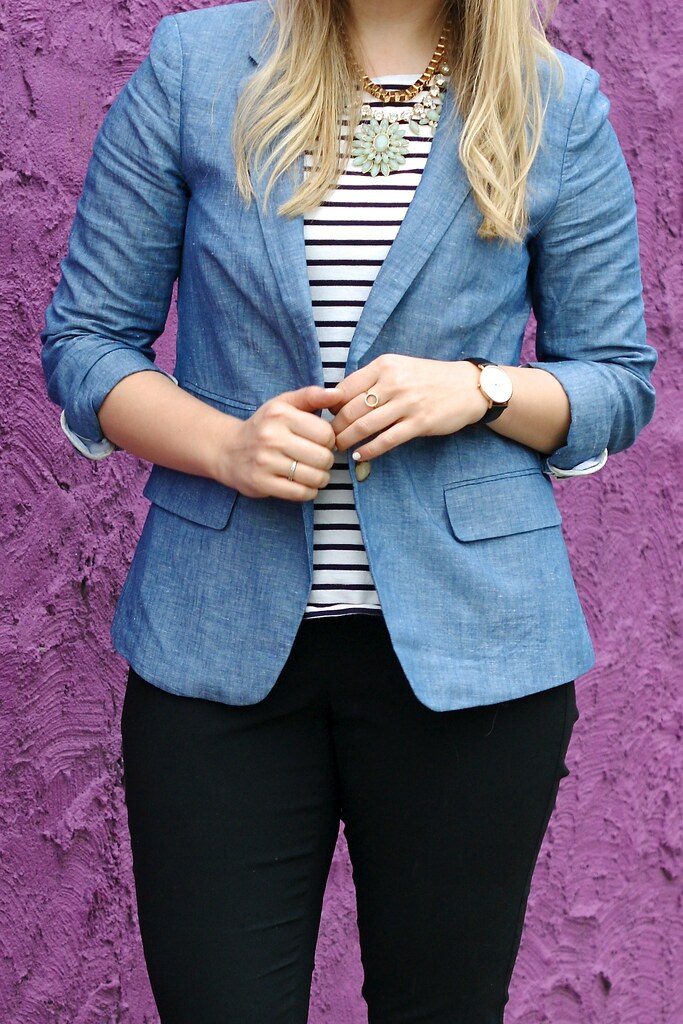 what to wear with a chambray blazer