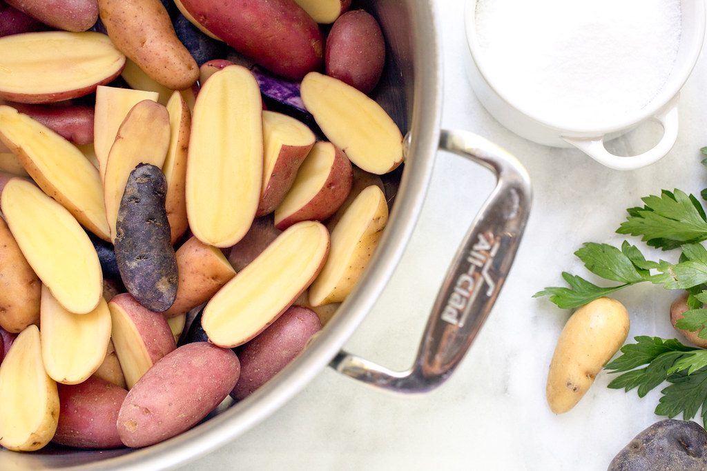 Fingerling Potatoes in pot for french potato salad