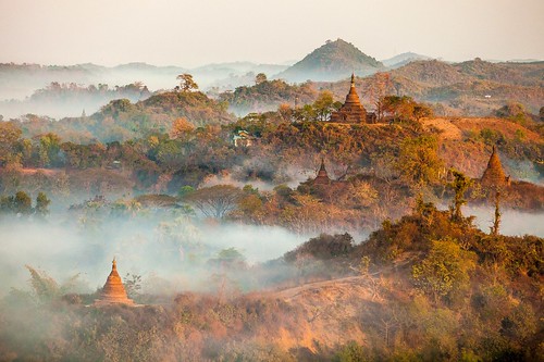 city mist fog pagoda ancient ruins state myanmar pagodas rakhine mrauku