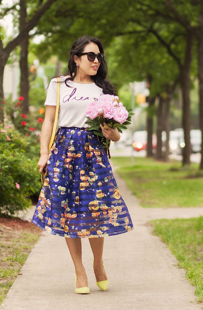 cute & little blog | petite fashion | graphic tee, blue striped floral organza full midi skirt, yellow crossbody purse, yellow pumps | spring summer outfit