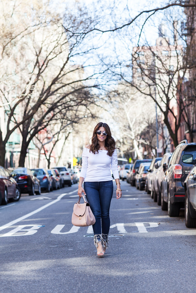 Kija heels by schutz fringe heels suede heels nyc fashion blogger ag adriano goldschmied denim white off the shoulder shirt zara asos pink suede bag zara what to wear skinny jeans spring outfit corporate catwalk fashion blogger in nyc