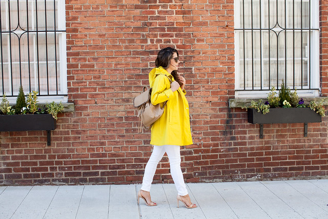 jcrew yellow raincoat white hudson jeans denim piperlime demin zara heels strappy nude heels striped shirt jcrew shirt stripes backpack style how to wear a backpack spring style karen walker sunglasses casual outfit to wear in spring or summer corporate catwalk professional blogger 