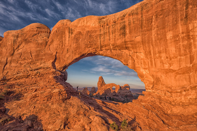 Turret Arch through North Window at sunrise at Arches National Park, Moab, Utah