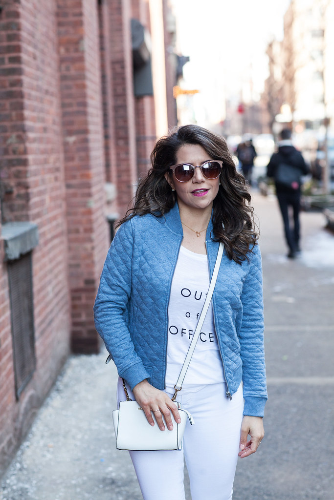 white outfits spring looks nyc fashion blogger casual outfit with white jeans denim michael kors zara banana republic tee hudson jeans gap bomber jacket any taylor loft sunglasses professional blogger casual outfit 