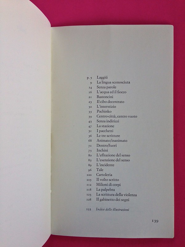 Roland Barthes, L'impero dei segni. Einaudi 1984. Indice, alla pag. 139 / verso della carta di guardia (part.), 1