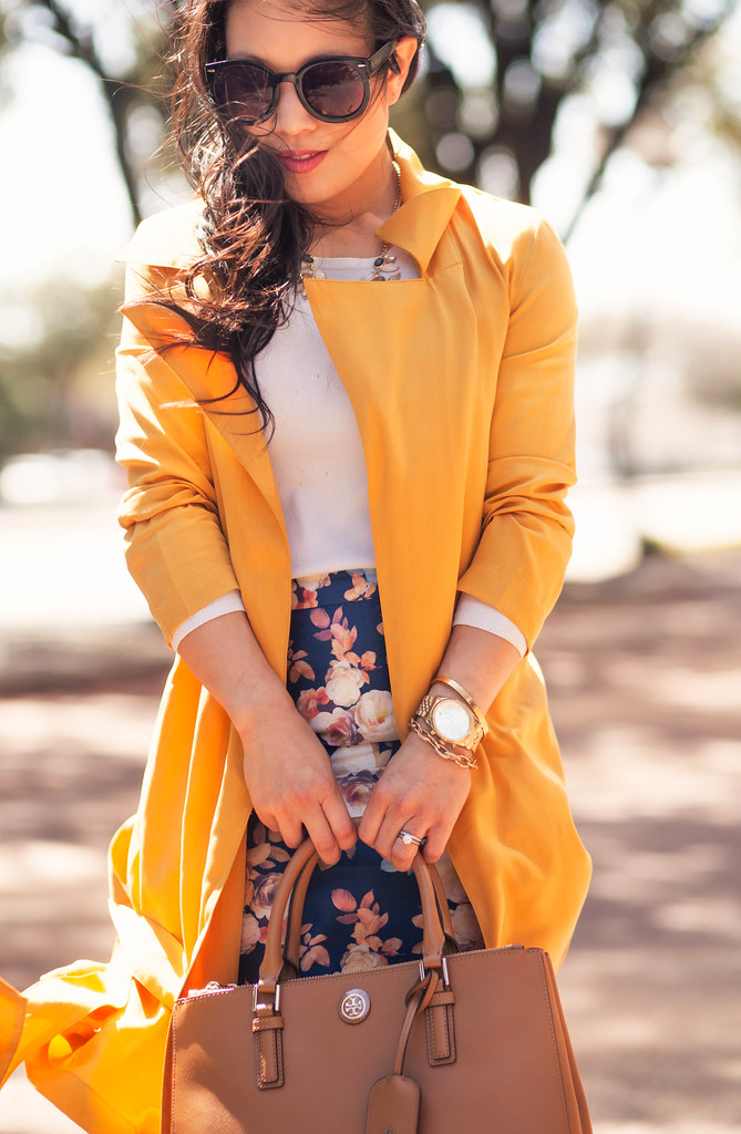 cute & little blog | petite fashion | mustard yellow maxi wrap trench coat, floral pencil skirt, tory burch mini robinson | spring outfit