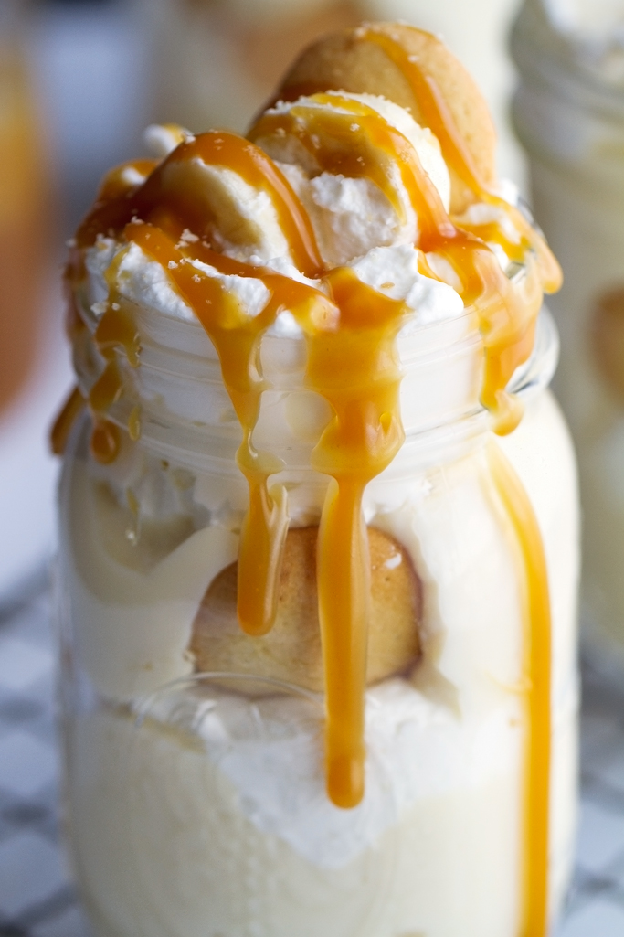 Banana Pudding with Salted Caramel Sauce - this is the perfect personal sized dessert to serve this Easter! #bananapudding #wafers #saltedcaramelsauce | Littlespicejar.com