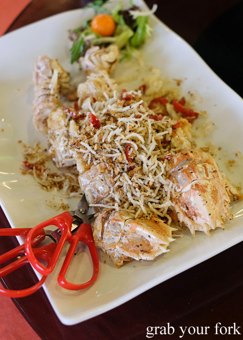Salt and pepper squilla giant mantis prawn at Rainbow Seafood Restaurant, Lamma Island, Hong Kong