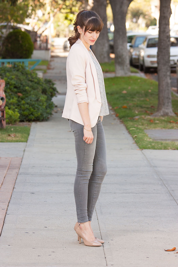 Blush Blazer, Grey Jeans, Striped Tee