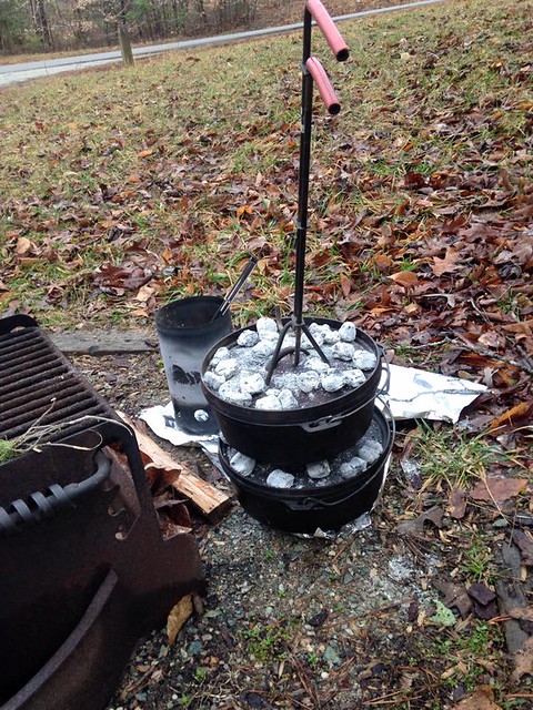 Dutch ovens stacked and cooking for fresh Spring flavors while we camp at Virginia State Parks