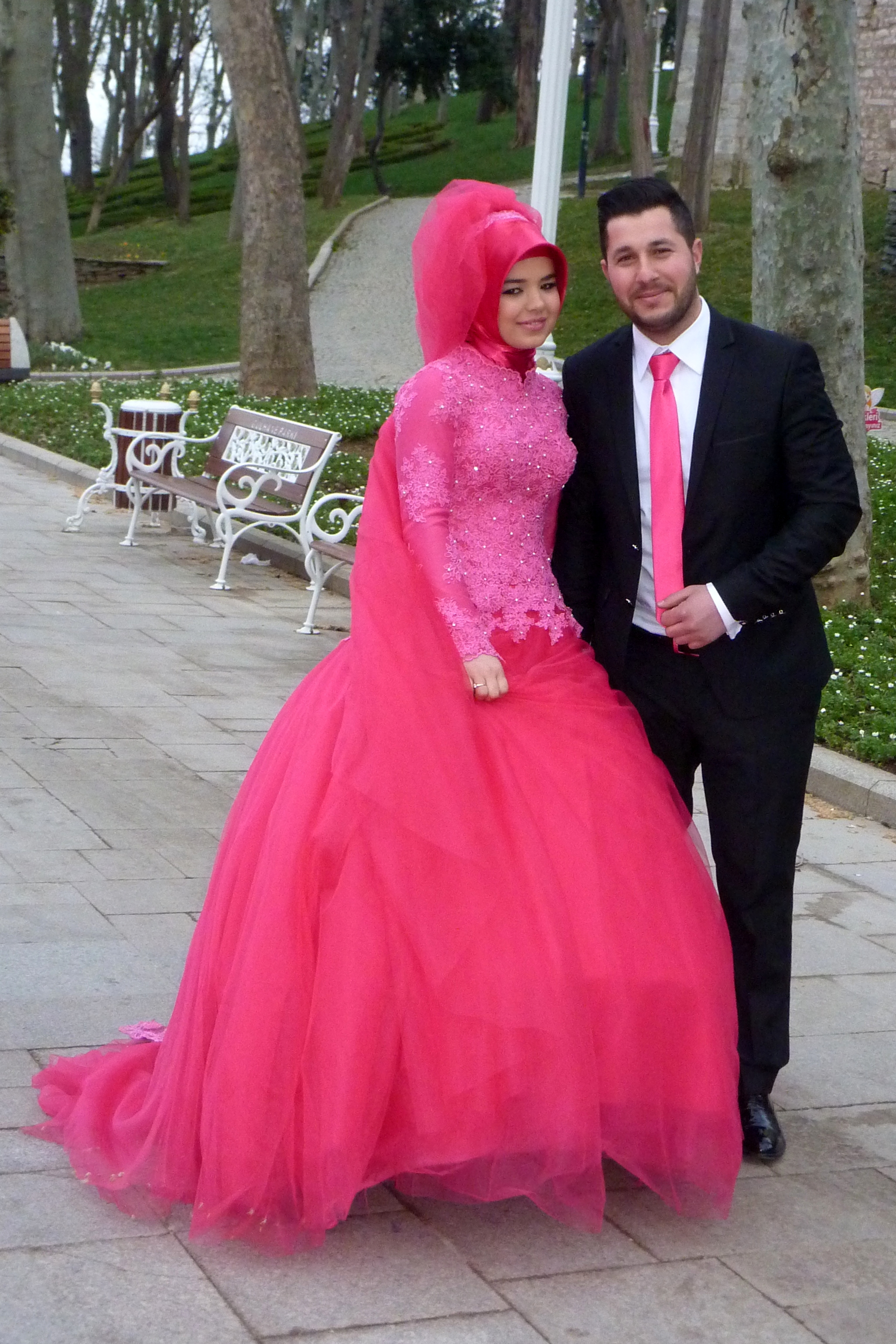 pink and white wedding dress
