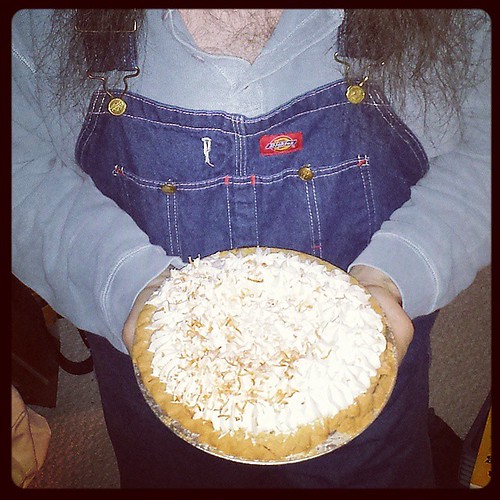 Prepping for Pi Day festivities! #CoconutCreamPie #overalls #pieintheface