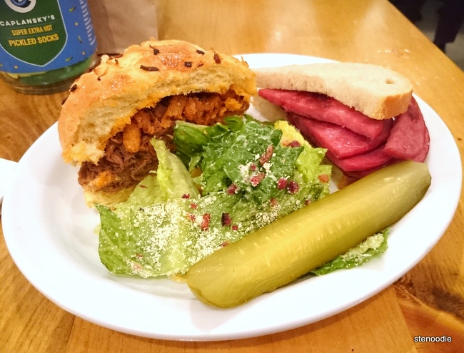 BBQ Brisket, Grilled Salami Sandwiches and salad