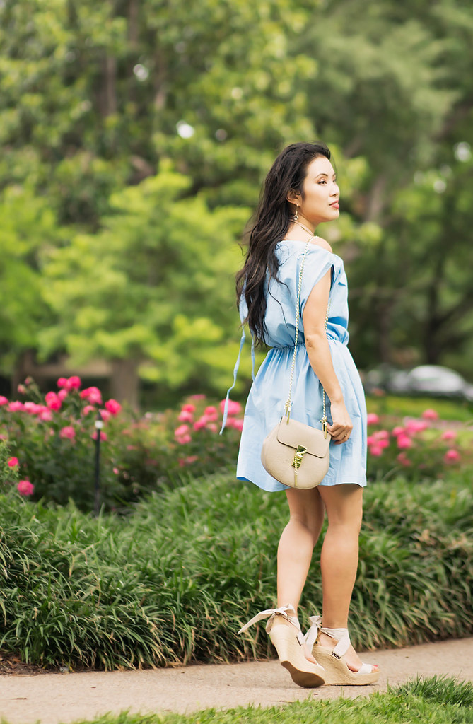 cute & little blog | petite fashion | chambray off-shoulder dress, espadrille wedges, chloe drew look for less, choker necklace | spring summer outfit