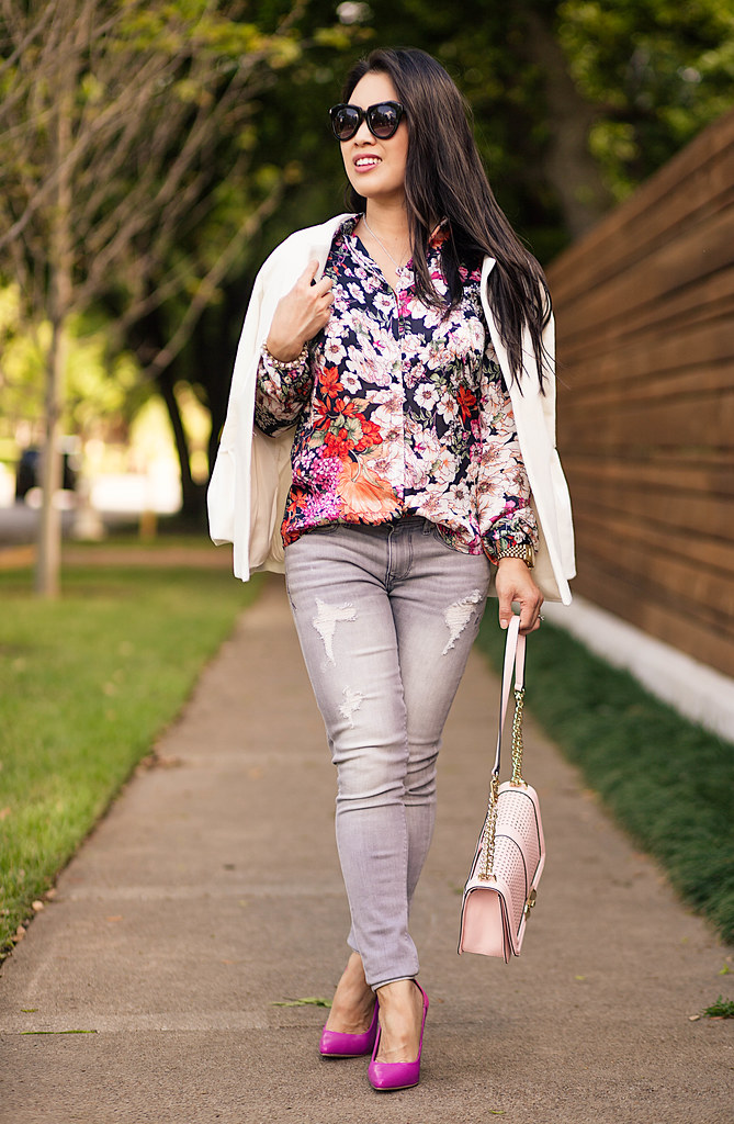 cute & little blog | petite fashion | white jacket, floral shirt, gray distressed jeans, hot pink pumps, pink crossbody | spring outfit
