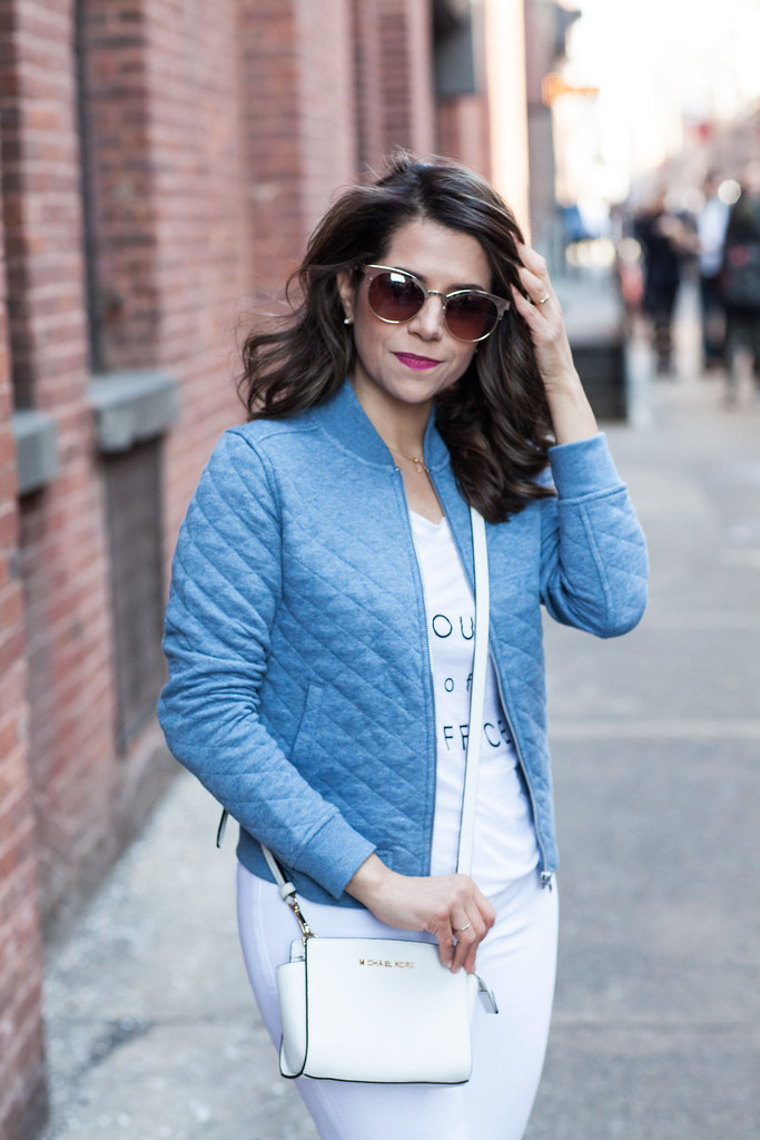 white outfits spring looks nyc fashion blogger casual outfit with white jeans denim michael kors zara banana republic tee hudson jeans gap bomber jacket any taylor loft sunglasses professional blogger casual outfit 