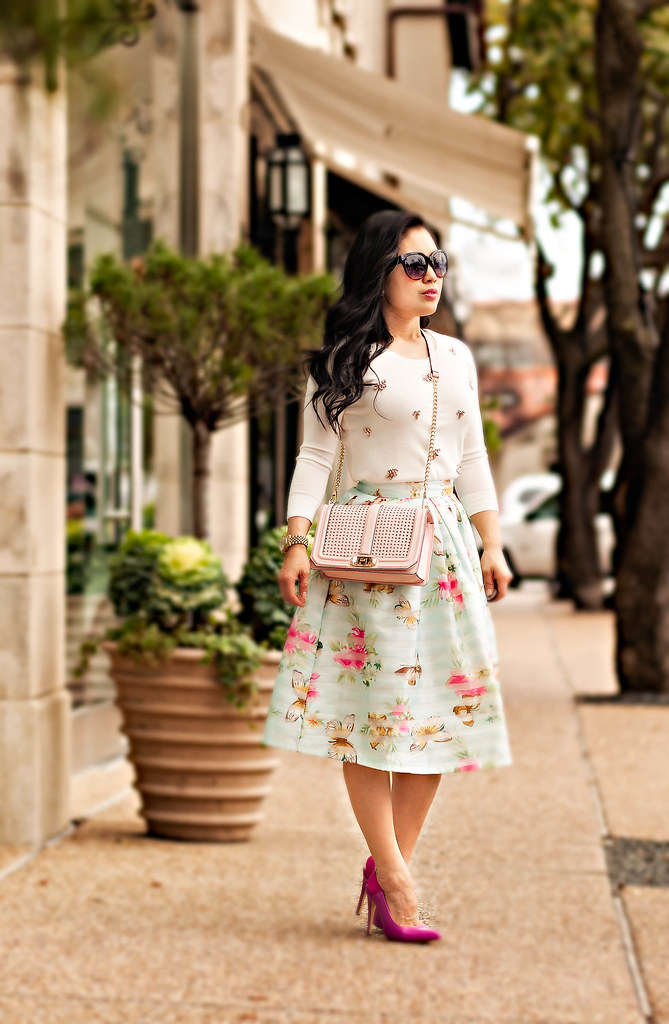 cute & little blog | petite fashion | embellished jeweled sweater, mint butterfly spring floral skirt, minkoff blush pink quartz love crossbody, shoedazzle pink darlene pumps | spring outfit