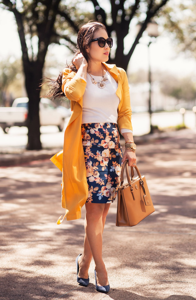 cute & little blog | petite fashion | mustard yellow maxi wrap trench coat, floral pencil skirt, tory burch mini robinson | spring outfit