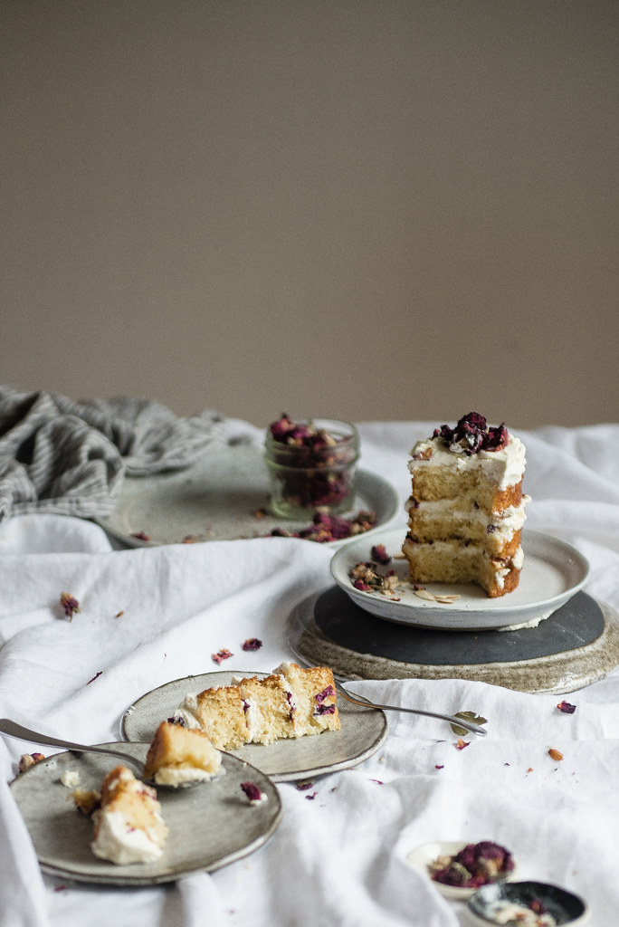 almond cake with rose mascarpone frosting | two red bowls