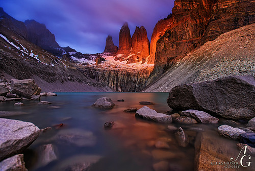 chile light red patagonia lake mountains del clouds sunrise dawn rocks towers andes torres paine
