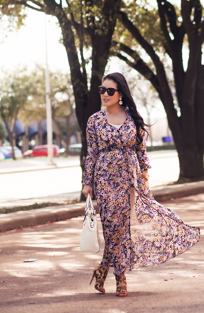 cute & little blog | petite fashion | sheinside long sleeve sheer chiffon floral maxi dress, strappy sandals, crystal statement earrings, white satchel bag | spring outfit