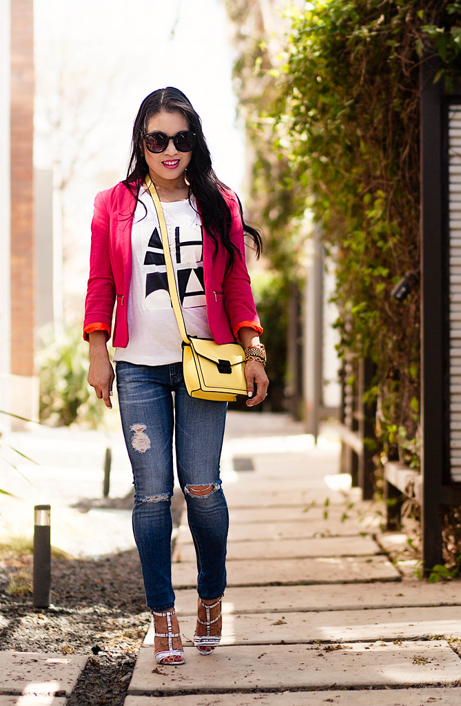 cute & little blog | petite fashion | hot pink blazer, j. crew graphic tee, ag distressed jeans, shoedazzle michaela white sandal heels, yellow crossbody bag | spring outfit