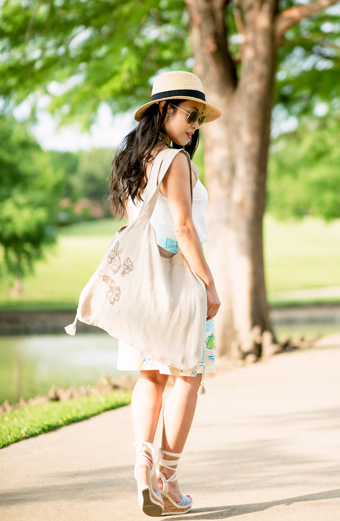cute & little blog | petite fashion | straw sun hat, white strappy tank, printed beach skirt, sole society sena lace-up espadrilles, ray ban aviators, j.jill turquoise bead necklace | spring summer outfit