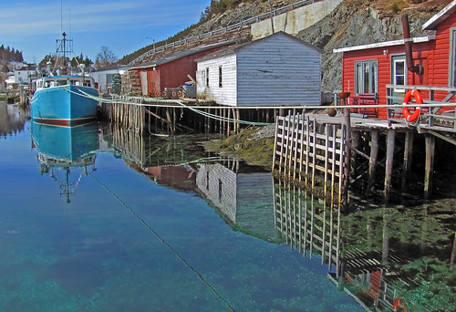 ocean sea canada reflection water newfoundland bay boat jetty crab wharf shack longliner newfoundlandandlabrador baylargent