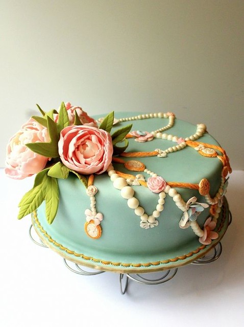 Stunningly Lovely Vintage Peony and Jewelry Bedecked Cake by Cake Central