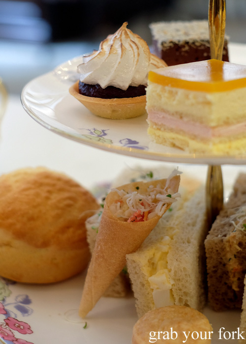 Scone, crab cornet and finger sandwiches at The Palace Tea Room, QVB, Sydney